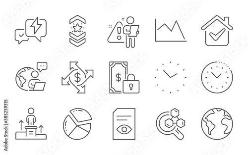 Shoulder strap, Pie chart and Chemistry lab line icons set. Business podium, Time and View document signs. Time management, World planet and Lightning bolt symbols. Line icons set. Vector