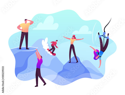 Risky Behavior, Extreme Recreation and Danger Activity Concept. Risk Takers Male and Female Characters Bungee Jumping