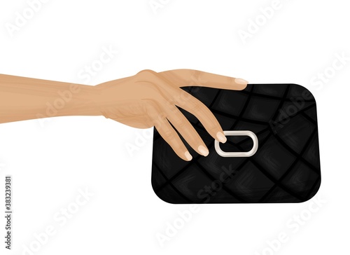 Womans hand holds a handbag. Elegant fashion illustration. Modern design. Fashion magazine cover. Poster. Isolated vector illustration.
