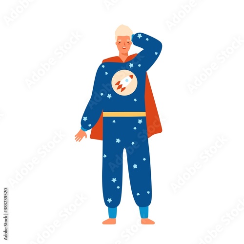 Cheerful man in superhero pajamas vector flat illustration. Happy male wearing comfy costume of hero decorated by stars and rocket isolated. Joyful guy standing in kigurumi with cloak at home party