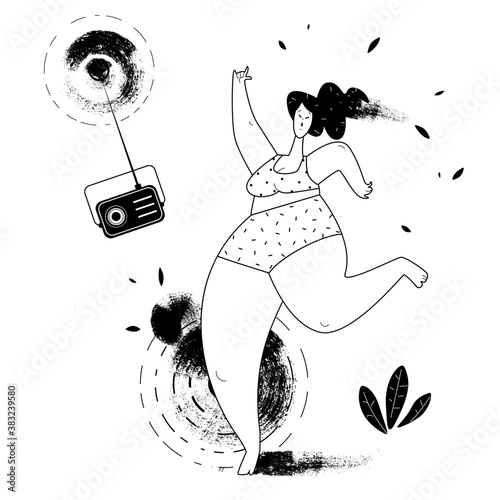 Plus size body girl dancing with the radio. Positive cheerful woman dancer in underwear. People beauty, weight acceptance. Self confidence concept drawing. Black and white vector flat illustration.