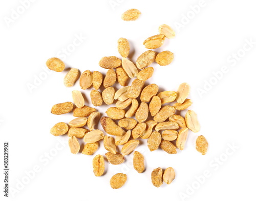 Spicy peanuts isolated on white background, top view