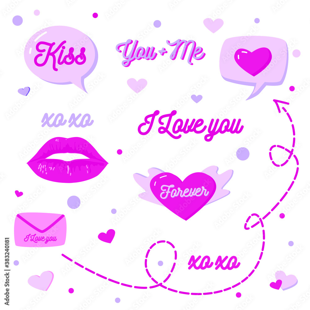 Love icons and romantic lettering. I love you. You and me. Forever. Love stickers in flat design. Valentines day background.