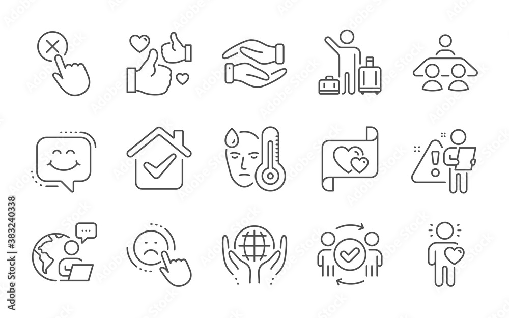 Helping hand, Smile chat and Approved teamwork line icons set. Dislike, Like and Organic tested signs. Friend, Love letter and Reject click symbols. Fever, Airport transfer and Interview job. Vector