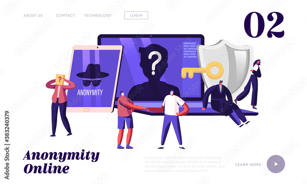 Fototapeta premium Internet Privacy, Information Private Protection Landing Page Template. Tiny Characters at Huge Laptop and Tablet Device