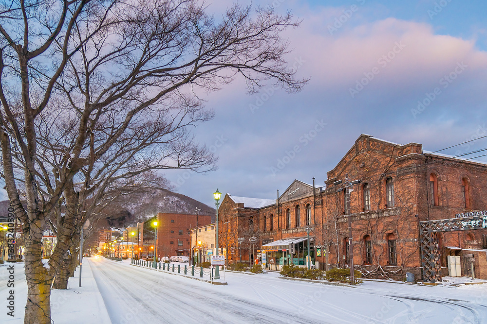 Cityscape of the historic red brick warehouses  at twilight in Hakodate Hokkaido Japan in winter