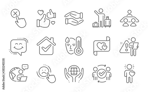 Helping hand  Smile chat and Approved teamwork line icons set. Dislike  Like and Organic tested signs. Friend  Love letter and Reject click symbols. Fever  Airport transfer and Interview job. Vector