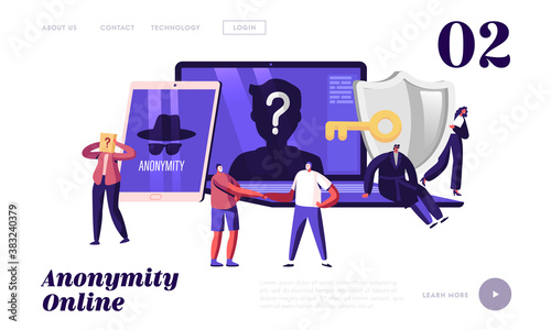 Internet Privacy, Information Private Protection Landing Page Template. Tiny Characters at Huge Laptop and Tablet Device