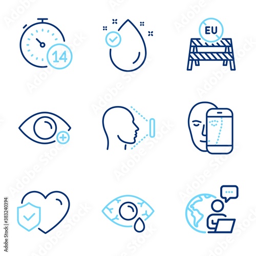 Medical icons set. Included icon as Vitamin e, Life insurance, Quarantine signs. Farsightedness, Ð¡onjunctivitis eye, Face id symbols. Face biometrics, Eu close borders line icons. Vector