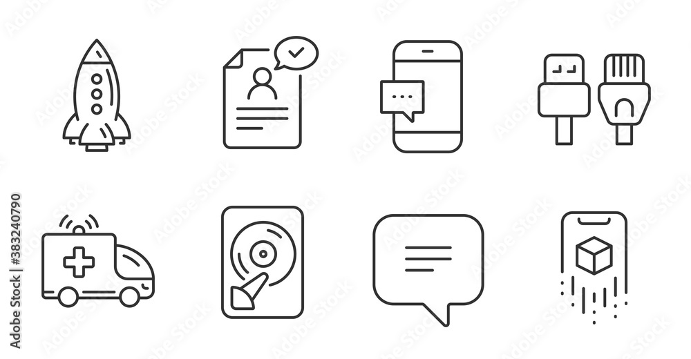 Computer cables, Augmented reality and Ambulance car line icons set. Resume document, Rocket and Text message signs. Hdd, Smartphone message symbols. Quality line icons. Computer cables badge. Vector