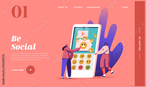 People Using Messaging App Landing Page Template. Female Characters Sending Text Messages by Mobile Phone. Sms and Emoji