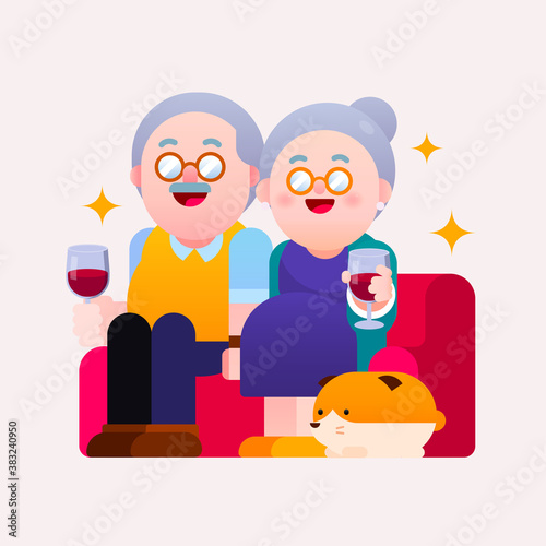 Old couple with happy retirement drinking wine together