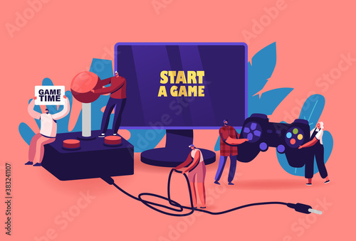 Video Games Recreation, Hobby Concept. Tiny Male and Female Characters with Huge Gamepad and Joystick Playing Videogames
