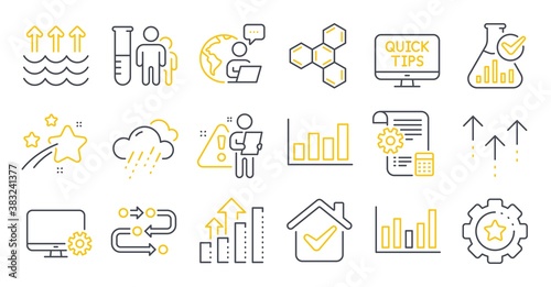 Set of Science icons, such as Settings gear, Analysis graph, Web tutorials symbols. Column chart, Chemical formula, Methodology signs. Settings blueprint, Medical analyzes, Rainy weather. Vector