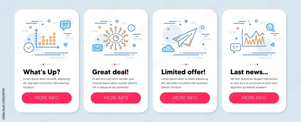 Set of Business icons, such as Dot plot, Artificial intelligence, Paper plane symbols. Mobile screen banners. Investment line icons. Presentation graph, All-seeing eye, Airplane. Vector