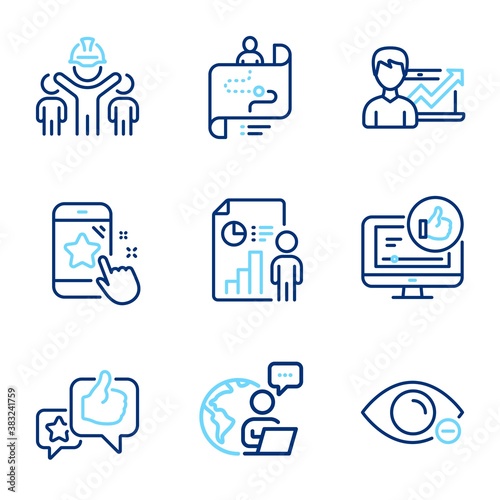 People icons set. Included icon as Star rating, Journey path, Engineering team signs. Business report, Success business, Like video symbols. Like, Myopia line icons. Line icons set. Vector