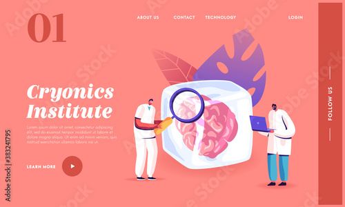 Cryonics Technology, Hibernation Landing Page Template. Tiny Scientists Characters with Laptop and Magnifier Research