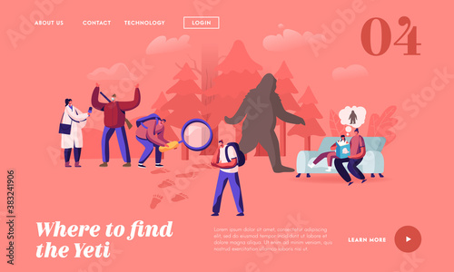 People Search Yeti Landing Page Template. Reading Fairy Tales about Bigfoot Character, Shaggy Beast with Long Brown Hair