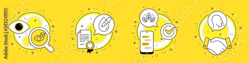 Check eye, Organic tested and Eye drops line icons set. Licence, cell phone and deal vector icons. Cough sign. Vision, Bio ingredients, Pipette. Coronavirus symptom. Healthcare set. Vector