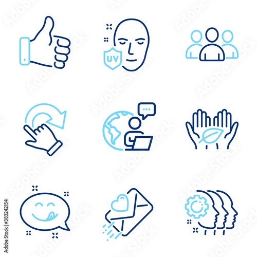 People icons set. Included icon as Group, Yummy smile, Fair trade signs. Rotation gesture, Uv protection, Employees teamwork symbols. Love letter, Like hand line icons. Line icons set. Vector