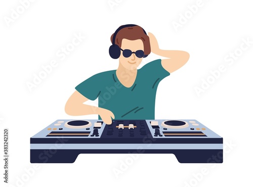 Stylish male DJ in headphones play electronic music on controller vector flat illustration. Fashionable musician in sunglasses enjoying sound at party isolated. Man disk jockey mixing musical records