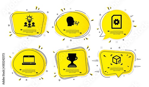 Award cup, File management and Notebook icons simple set. Yellow speech bubbles with dotwork effect. Business idea, Breathing exercise and Augmented reality signs. Vector