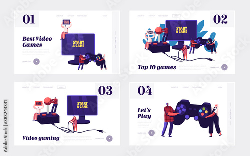 Video Games Recreation Landing Page Template Set. Tiny Characters with Huge Gamepad and Joystick Playing Videogame