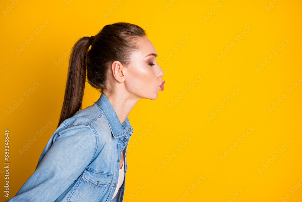 Profile side photo of flirty lovely girlfriend send air kiss her boyfriend copyspace on 14-february holiday wear good look clothes isolated over shine color background