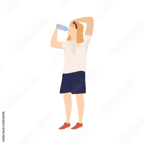 Sportsman drinking water from bottle feeling thirst after training vector flat illustration. Man with sweat covering head by towel during workout isolated. Male with refreshing beverage after sports