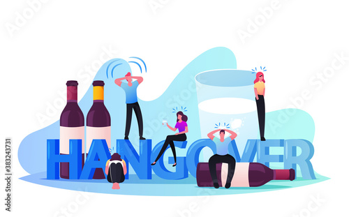 Hangover, Alcohol Addiction Concept. Male and Female Characters Having Pernicious Habits Addiction and Substance Abuse