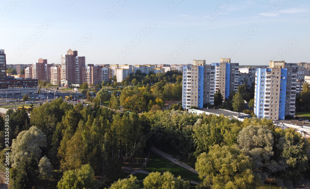 Obraz premium Top view of summer city park with trees. 01 October 2020, Minsk Belarus