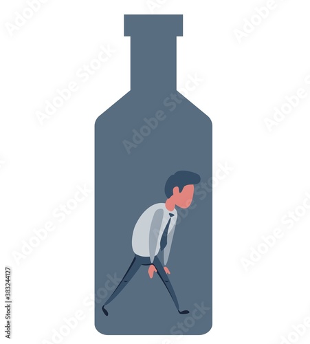 Alcohol and addiction, Young male character trapped inside a bottle, health problems. Vector flat design illustration.