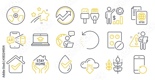 Set of Science icons, such as Recovery phone, Medical tablet, Website education symbols. Computer cables, Gluten free, Dermatologically tested signs. Employees wealth, Passport document. Vector