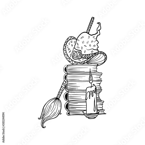 Stack of books and candle near witch hat and broom, Halloween doodles. Isolated vector illustration in contour or outline drawing style for coloring book pages design.