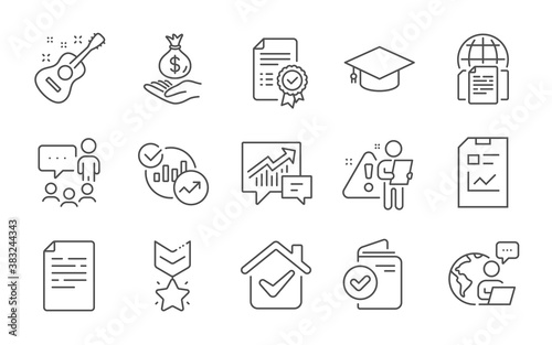 Internet documents, Graduation cap and Certificate line icons set. Income money, Statistics and Document signs. Winner medal, People chatting and Report document symbols. Accounting, Guitar. Vector
