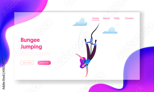 Bungee Jumping Landing Page Template. Brave Female Character Jump with Rope from Great Height. Extreme Activity, Fun