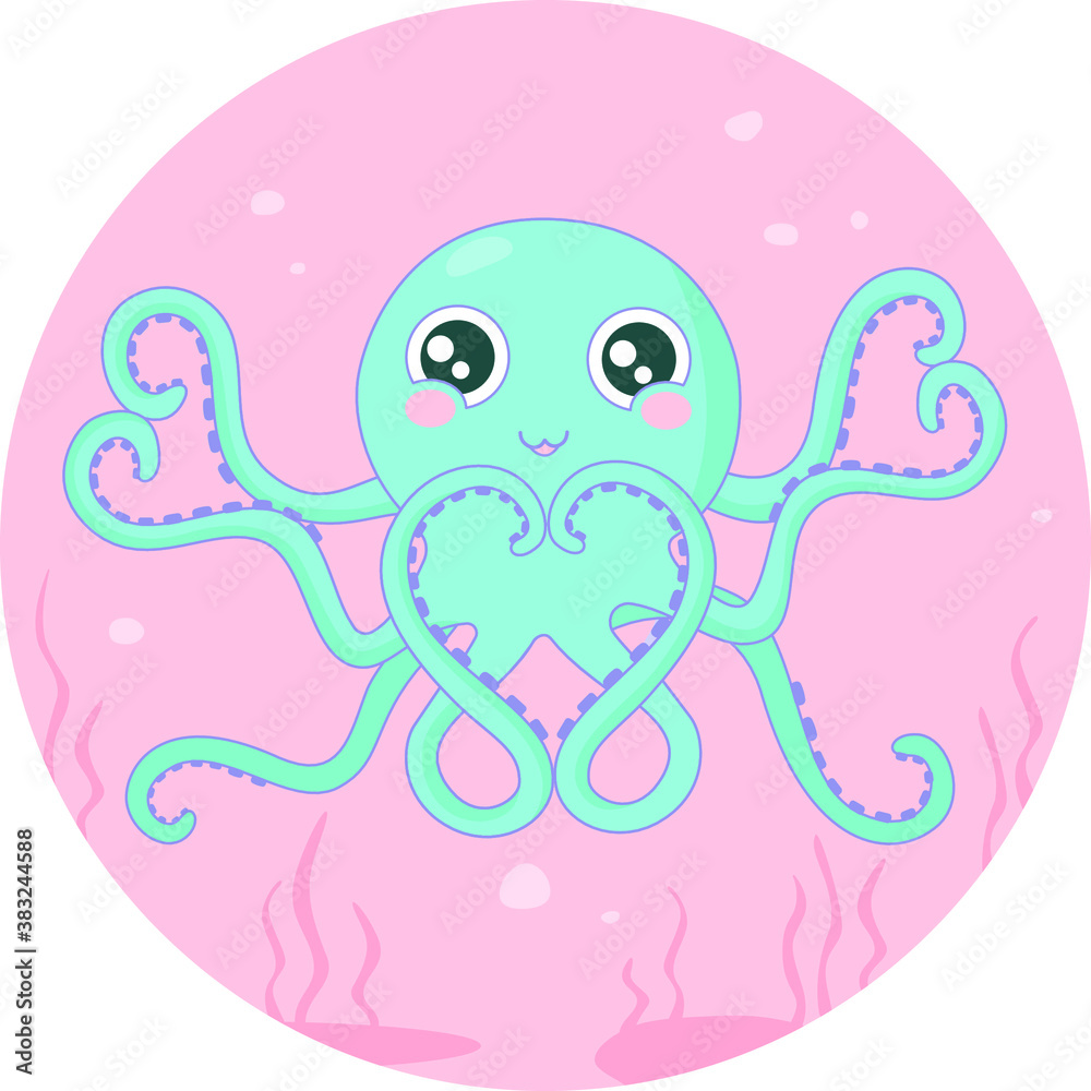 Little funny octopus smiling and shows the shape of a heart with his  tentacles. Cartoon character. Vector for sticker, greeting card, site, Valentine’s day greeting card design.