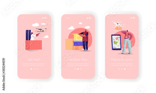 Air Drones Pizza Boxes Delivering to Customers Mobile App Page Onboard Screen Template. Remote Quadcopter Food Delivery