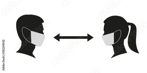 Social distancing icon with man and woman face in surgical or medical mask. Safe distance concept for flu and coronavirus prevention. Vector illustration.