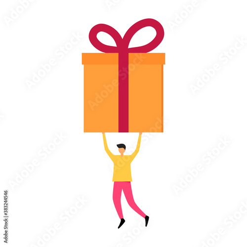 Man with a large gift box above his head. Festive mood. Vector illustration.