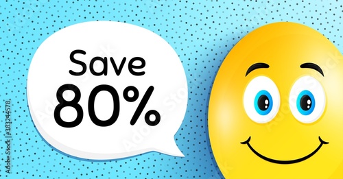 Save 80% off. Easter egg with smile face. Sale Discount offer price sign. Special offer symbol. Easter smile character. Discount speech bubble. Yellow egg background. Vector