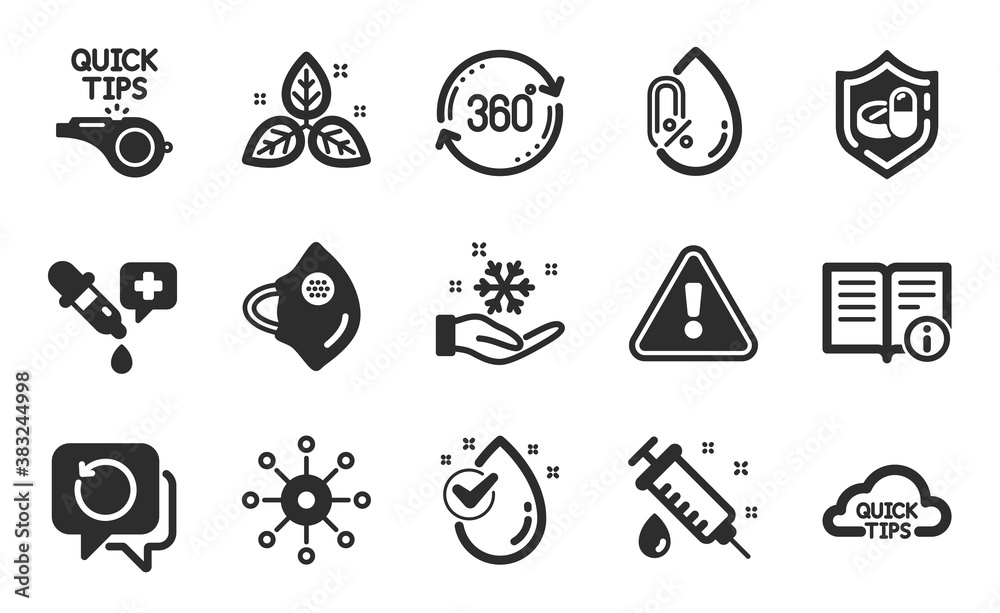 Multichannel, Medical syringe and Recovery data icons simple set. Full rotation, Tutorials and Water drop signs. Technical info, Medical tablet and No alcohol symbols. Flat icons set. Vector