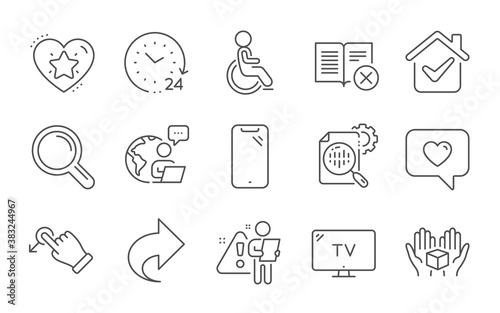 Seo stats, Ranking star and Hold box line icons set. Love message, Smartphone and Tv signs. 24 hours, Share and Disabled symbols. Research, Drag drop and Reject book. Cogwheel, Love rank. Vector
