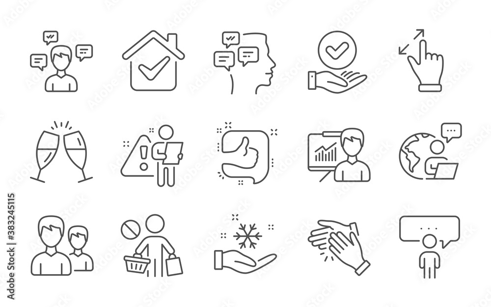 Approved checkbox, Clapping hands and Stop shopping line icons set. Champagne glasses, Conversation messages and Consulting business signs. Line icons set. Vector Approved checkbox, Clapping hands and Stop shopping line icons set. Champagne glasses, Conversation messages and Consulting business signs. Line icons set. Vector