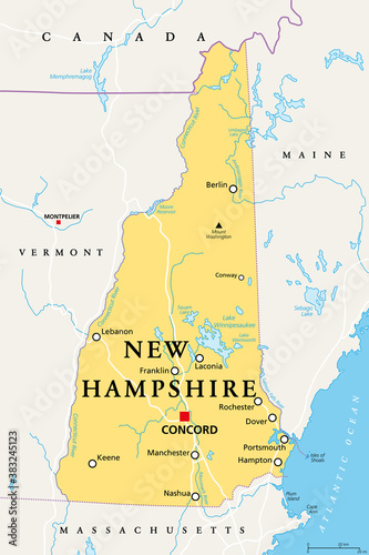 New Hampshire, NH, political map, with capital Concord. State in the New England region of the United States of America. The Granite State. The White Mountain State. Illustration. Vector.