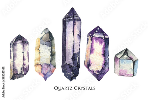 Quartz crystal watercolor set. Smoky quartz. photo