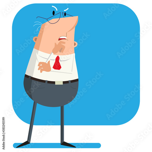 Cartoon businessman stands and listens attentively.