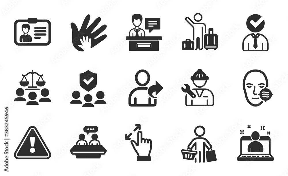 Employees talk, Social responsibility and Identification card icons simple set. Touchscreen gesture, Buyer and Repairman signs. Best manager, Court jury and Vacancy symbols. Flat icons set. Vector