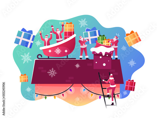 Happy Santa Claus Characters Sitting in Sled on House Roof Throw Gifts and Presents into Chimney. Christmas Celebration