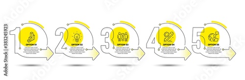 Partnership, Project edit and 3d chart line icons set. Timeline process infograph. Idea sign. Business startup, Settings, Presentation column. Light bulb. Science set. Vector